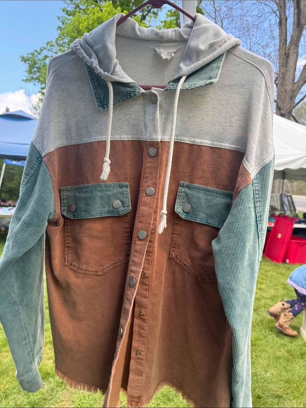 Colorblock Corduroy Hooded Shirt Jacket - Rust, Sage & Heather Gray